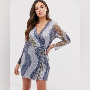 Club L London Multi Sequin Blue Wrap Dress 16